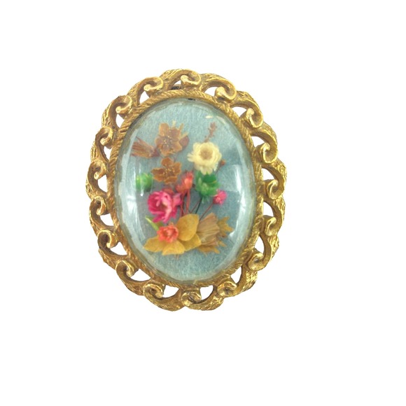 The Unbranded Brand Jewelry - Vintage Brooch Blue Dried Flowers Pin Pendant Oval Gold Tone Boho GrannyCore